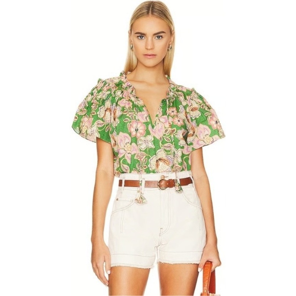 MISA Los Angeles Floral‎ Green Pink Short Sleeve Tie Neck Blouse Women S Peasant